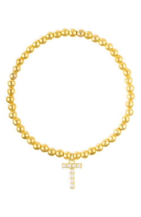 Faux Pearl Initial Charm Beaded Bracelet