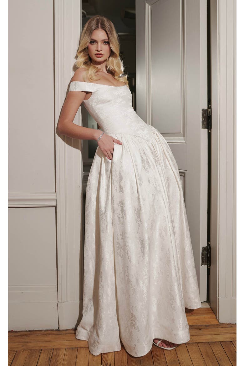 Tinsley Jacquard Bardot Wedding Gown, Alternate, color, White
