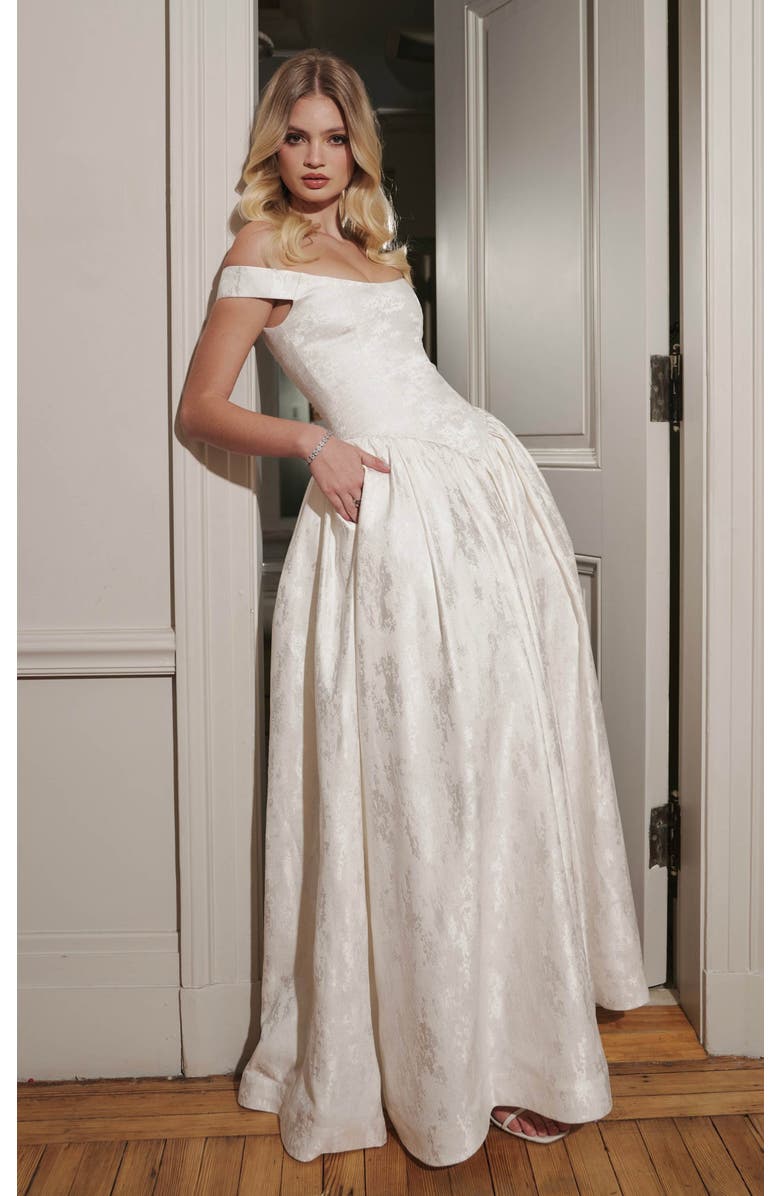 Miss Circle Tinsley Jacquard Bardot Wedding Gown, Alternate, color,
