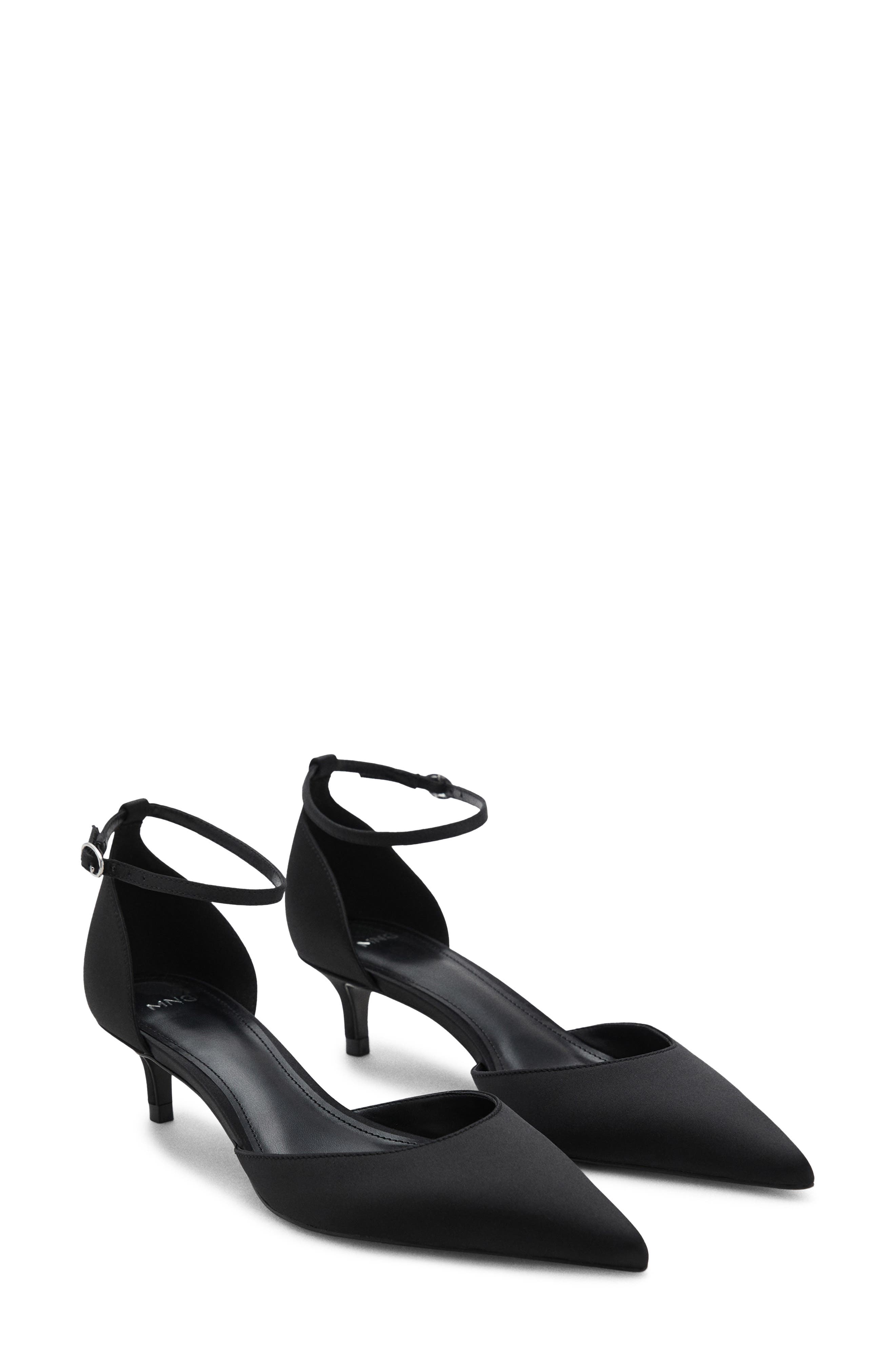 MANGO Ankle Strap Pointed Toe Kitten Heel Pump, Main, color, Black