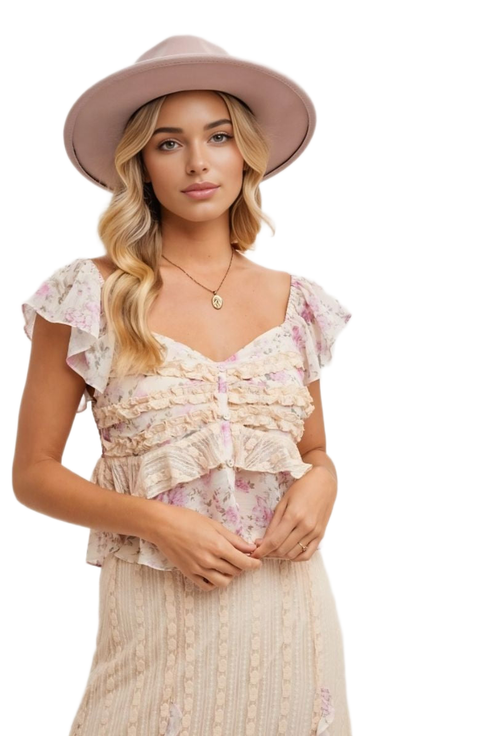 Floral Ruffle Cap Sleeve Sweetheart Top