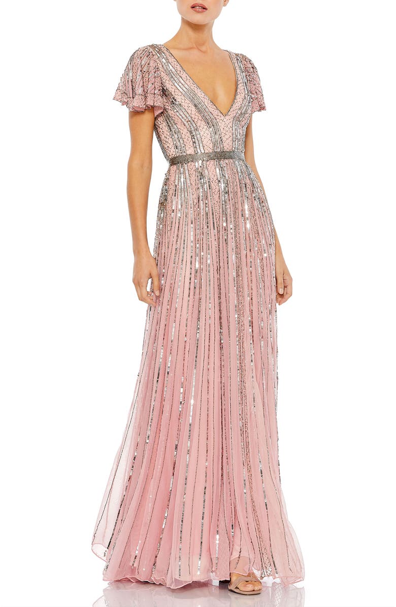 Mac Duggal Stripe Sequin V-Neck Gown, Main, color, Rose