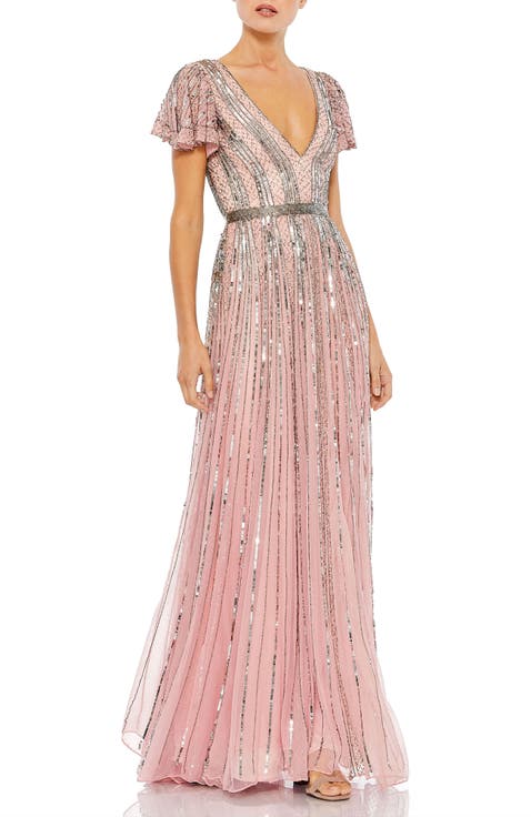 Stripe Sequin V-Neck Gown