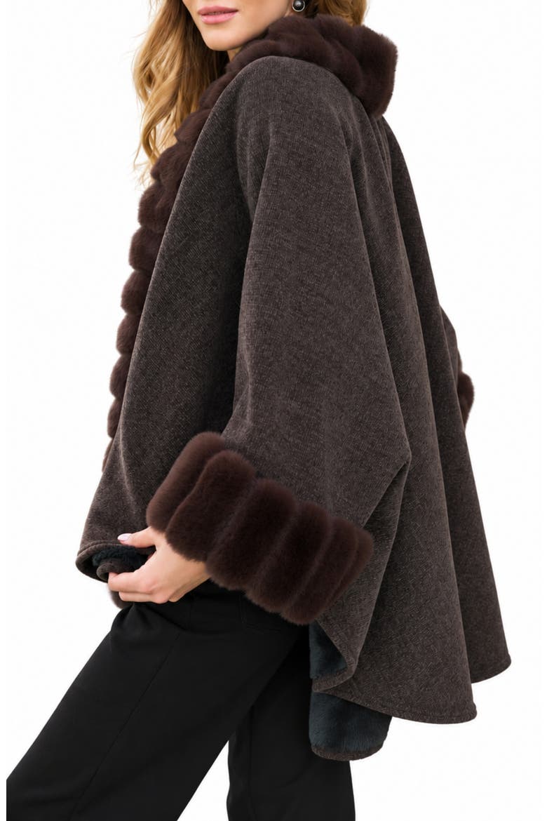 Faux Fur Trim Cape, Alternate, color, DARK BROWN