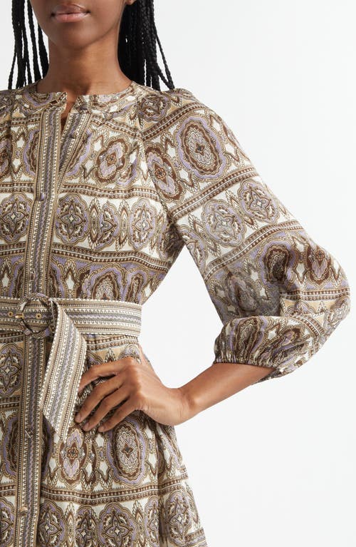 Veronica Beard Kumar Linen Silk Printed Shirt Dress In Stone Khaki Multi