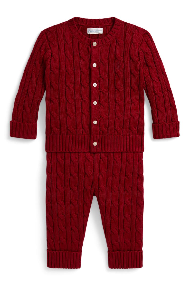 Kids' Cable Knit Cotton Cardigan & Pants Set, Main, color, EATON RED