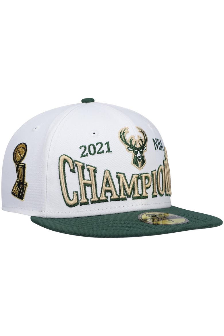 Men's New Era White/Hunter Green Milwaukee Bucks Arch Champs 59FIFTY Fitted Hat, Alternate, color, White