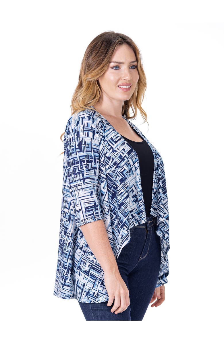 24seven Comfort Apparel Petites Navy Print Elbow Length Sleeve Open Cardigan, Alternate, color, Blue Multi