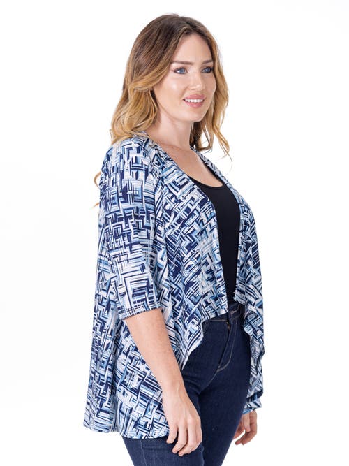 24seven Comfort Apparel Petites Navy Print Elbow Length Sleeve Open Cardigan In Multi