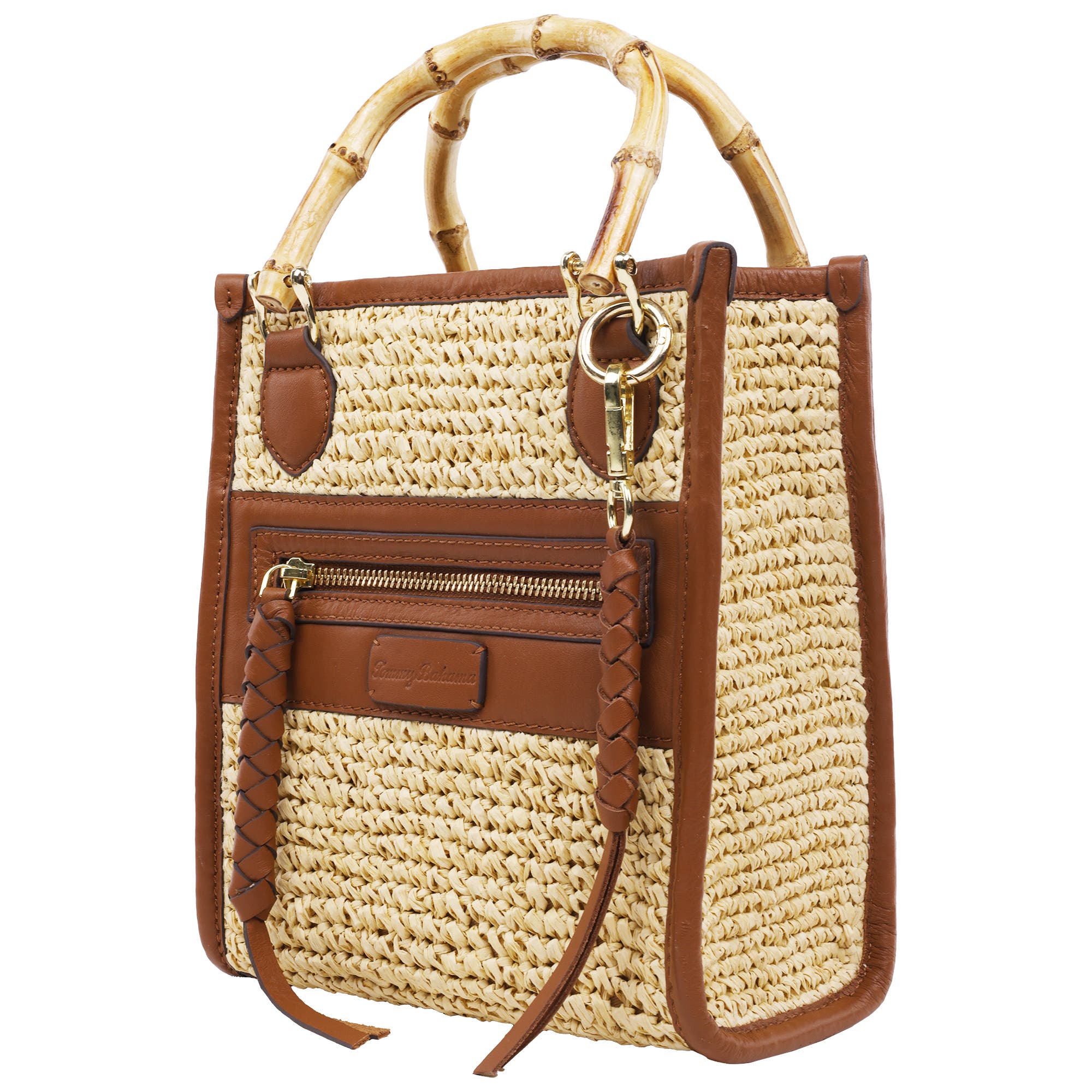 Tommy Bahama Leather and Raffia Handle Tote, Alternate, color, Cognac