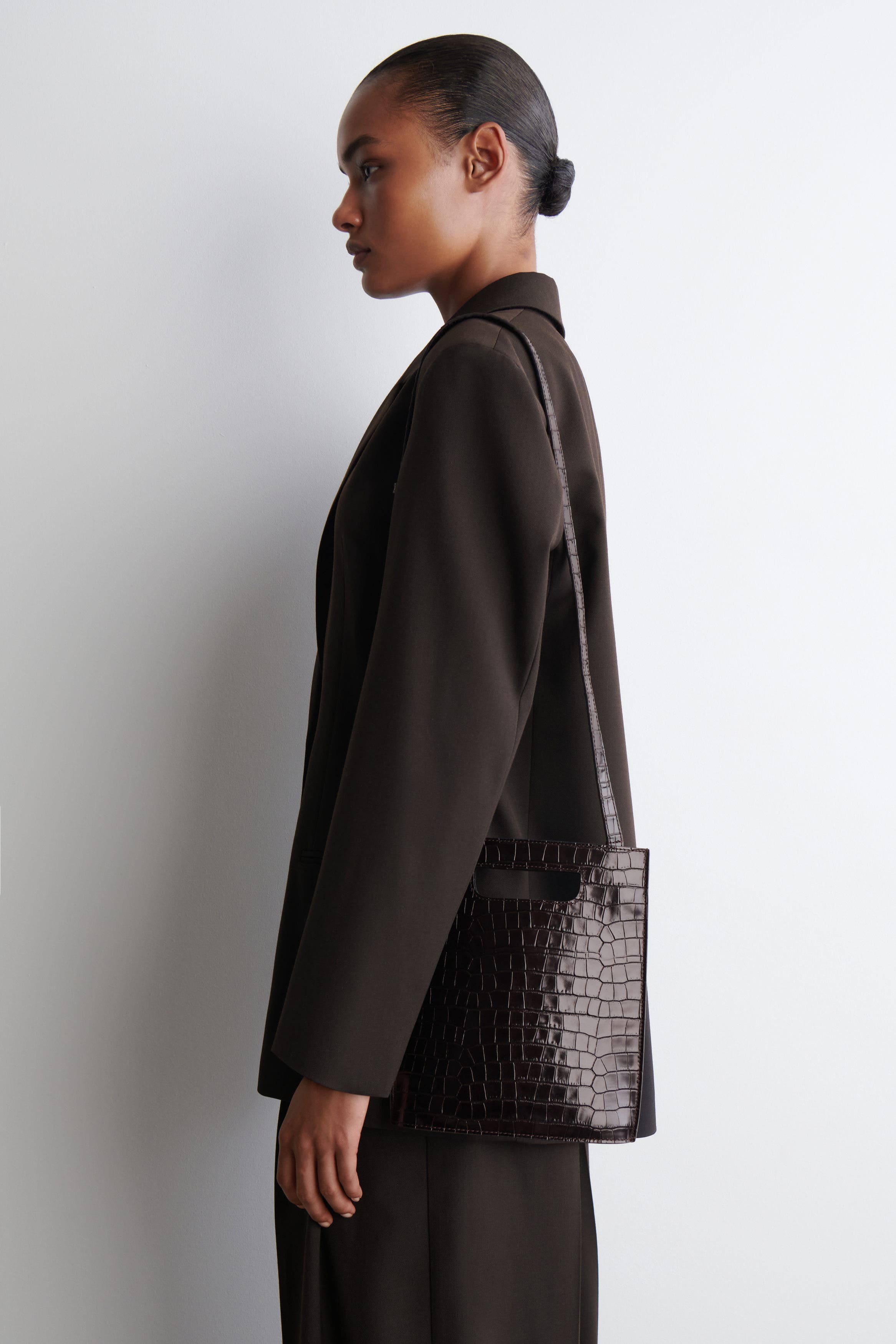 COS Folio Mini Bag - Croc-Effect Leather, Main, color, Brown