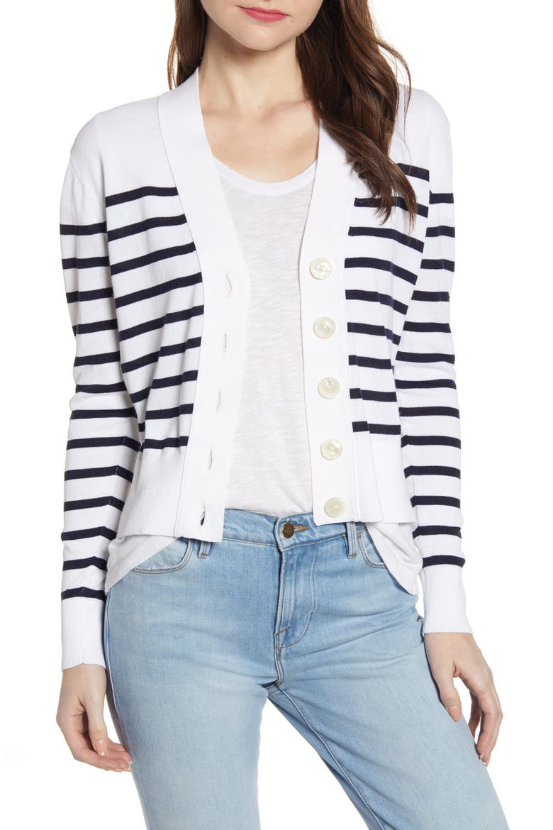 J. Crew Lightweight Striped Crop Cardigan, Main, color, WHITE NAVY