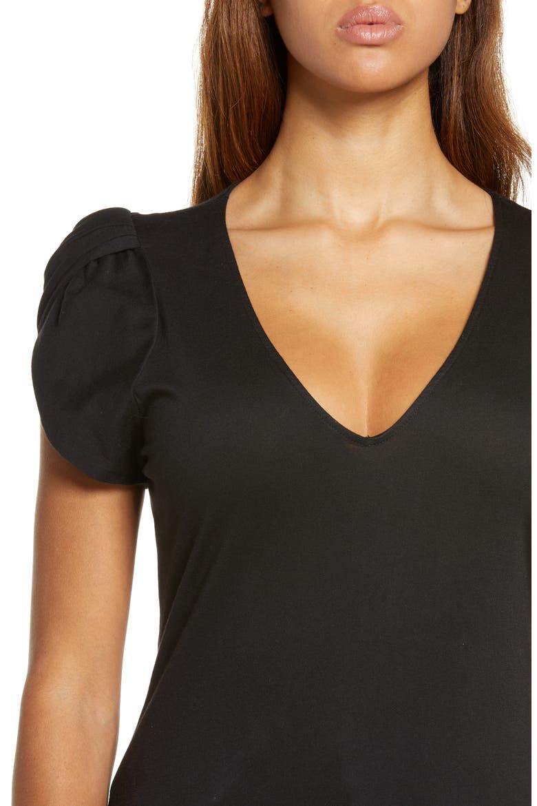 Amy Tulip Sleeve V-Neck Organic Cotton Top, Alternate, color, BLACK