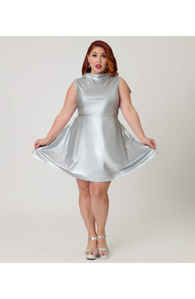Smak Parlour Plus Size Knit Mock Neck A-Line Mini Dress, Main, color, Silver Metallic