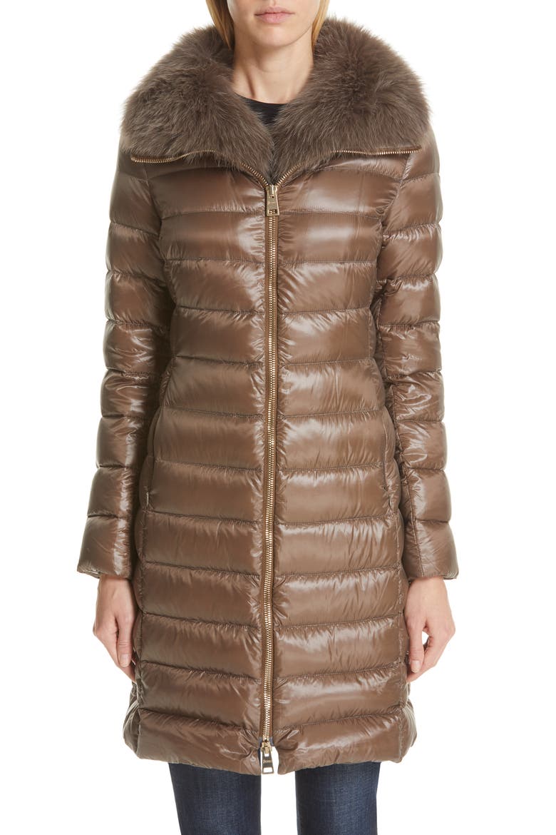 Quilted Down Puffer Coat with Removable Genuine Fox Fur Collar, Main, color, CHESTNUT