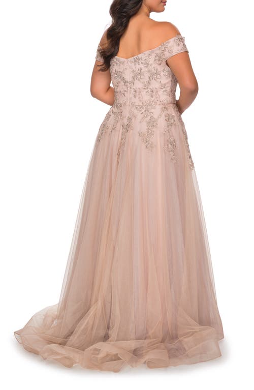 La Femme Plus Size Off-the-shoulder Lace-bodice A-line Gown In Champagne