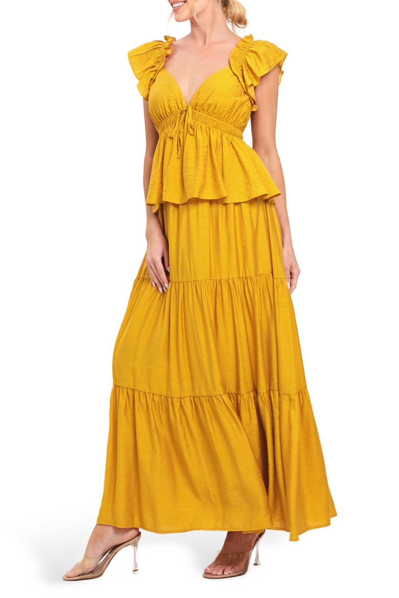 Flutter Sleeve Peplum Maxi Dress, Alternate, color, MUSTARD