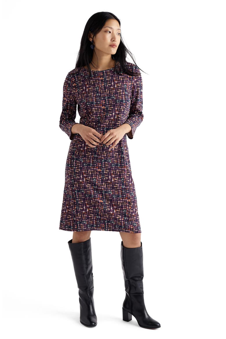 Cornish Oaks Long Sleeve Stretch Organic Cotton Dress, Alternate, color, INKY WEAVE BEETROOT
