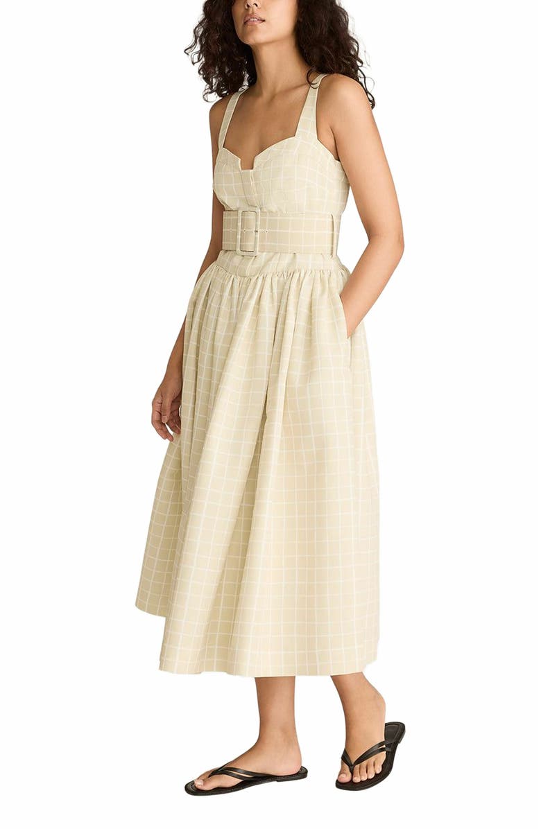 Rebecca Taylor Painterly Windowpane Belted Bustier Dress, Alternate, color, Sand Combo