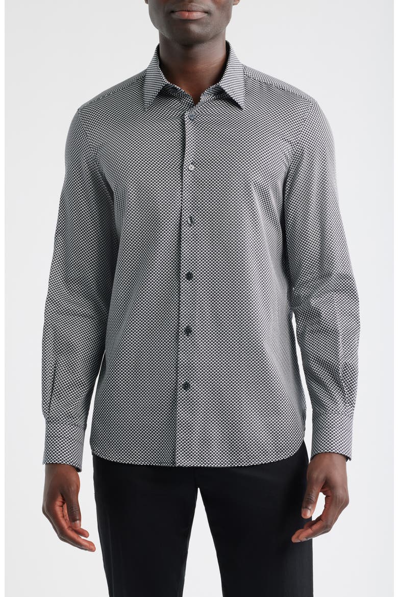 Microprint Stretch Cotton Button-Up Shirt, Main, color, NAVY