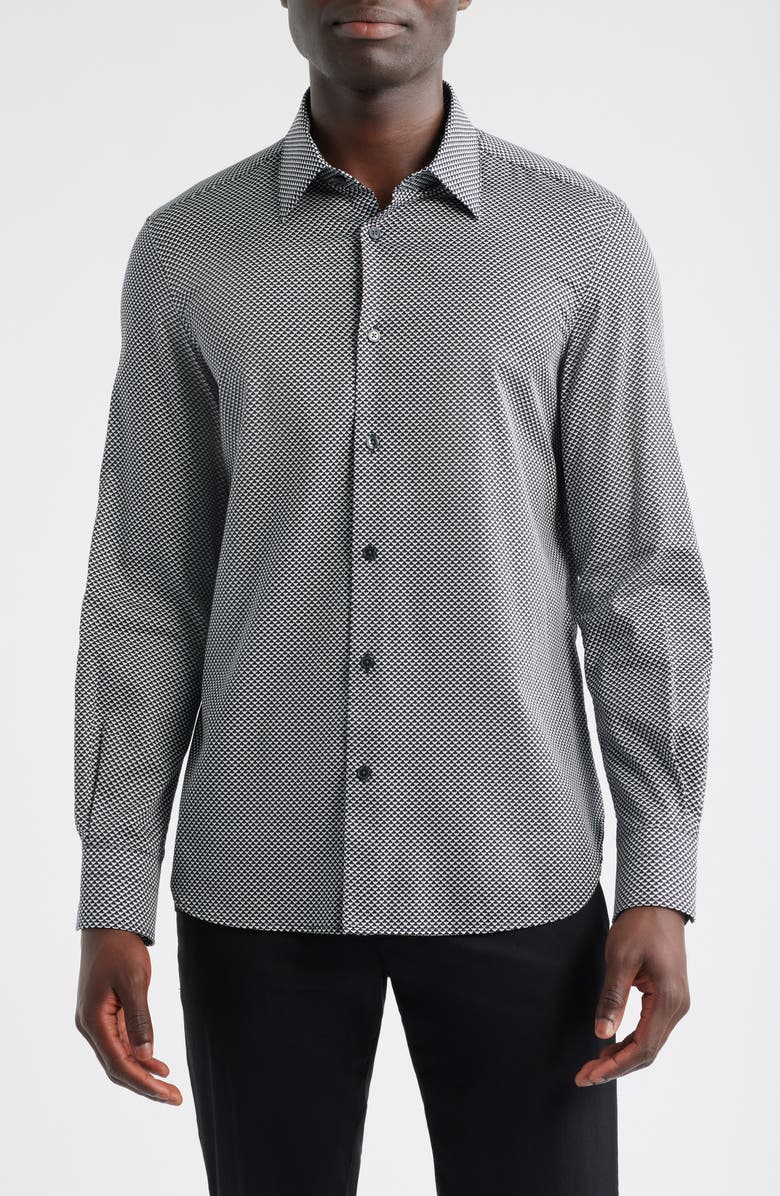 Emporio Armani Microprint Stretch Cotton Button-Up Shirt, Main, color, Navy