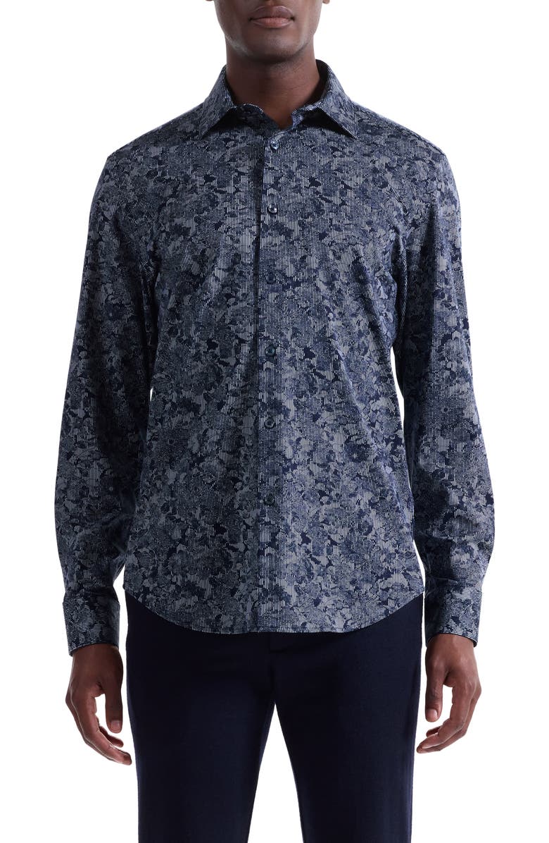 Bugatchi James OoohCotton<sup>®</sup> Floral Stripe Button-Up Shirt, Main, color, Navy