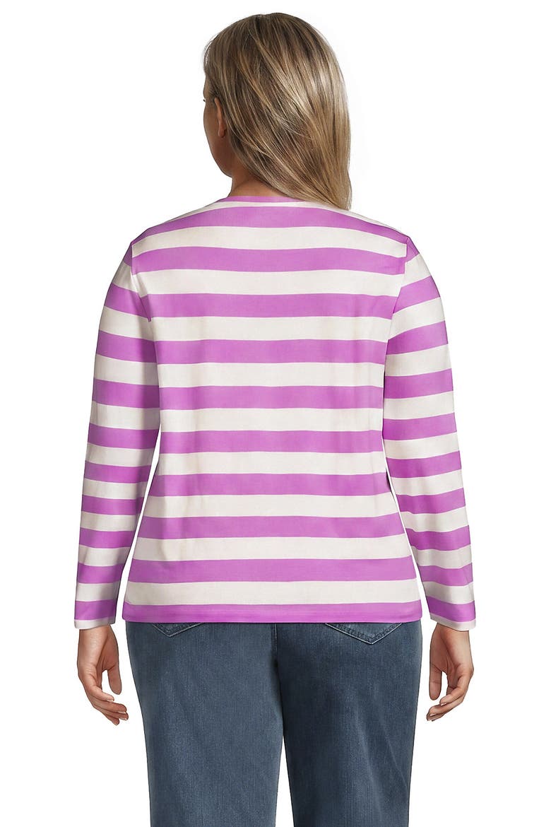 Plus Size Supima Cotton Long Sleeve V-Neck T-Shirt, Alternate, color, Ivory/Aster Pink Bold Stripe