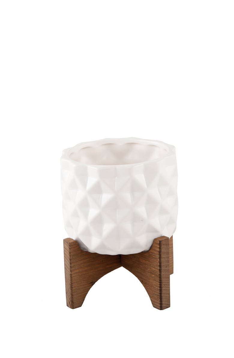 FLORA BUNDA Matte White Ceramic Dimple Pattern on Wood Stand, Main, color, 