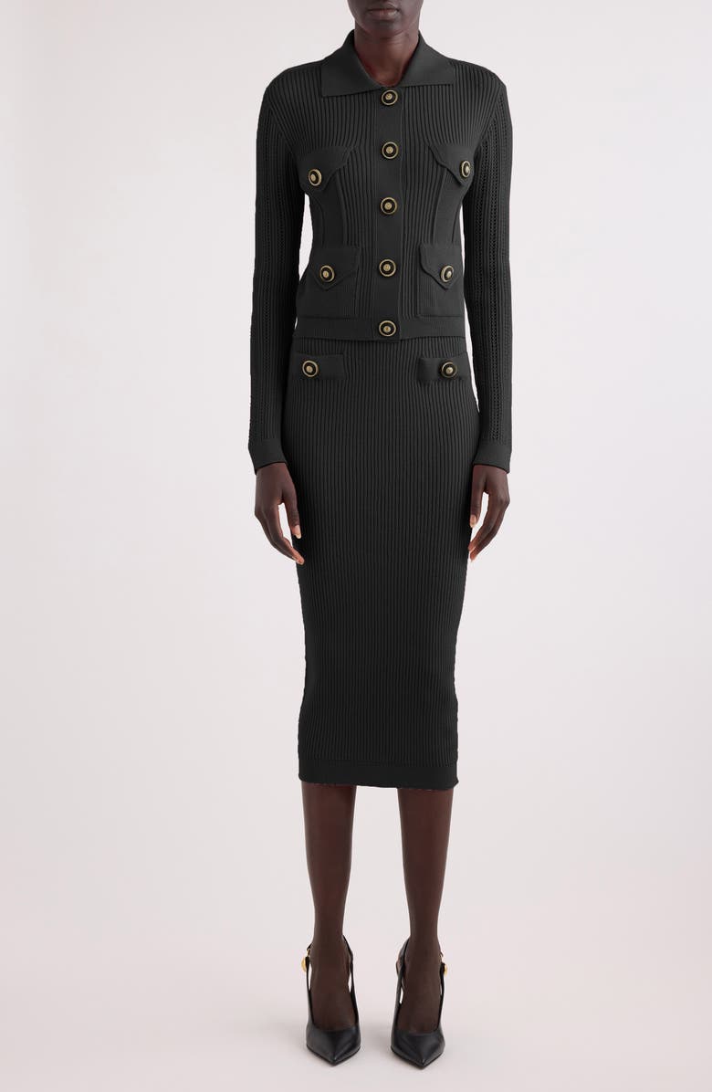 Balmain Rib Openwork Crop Cardigan, Alternate, color, 