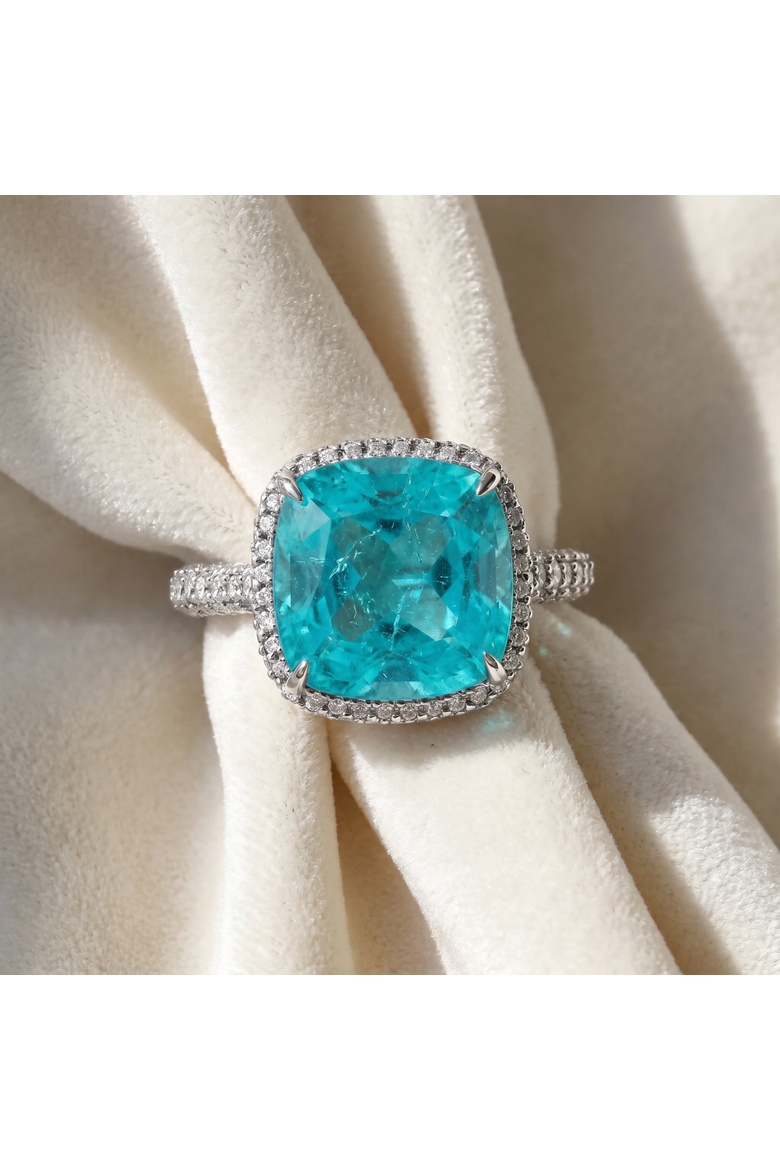 9.50Ct TW Cushion Paraíba & Pave Diamond Ring 14k Gold Lab Grown, Alternate, color, 14k White Gold
