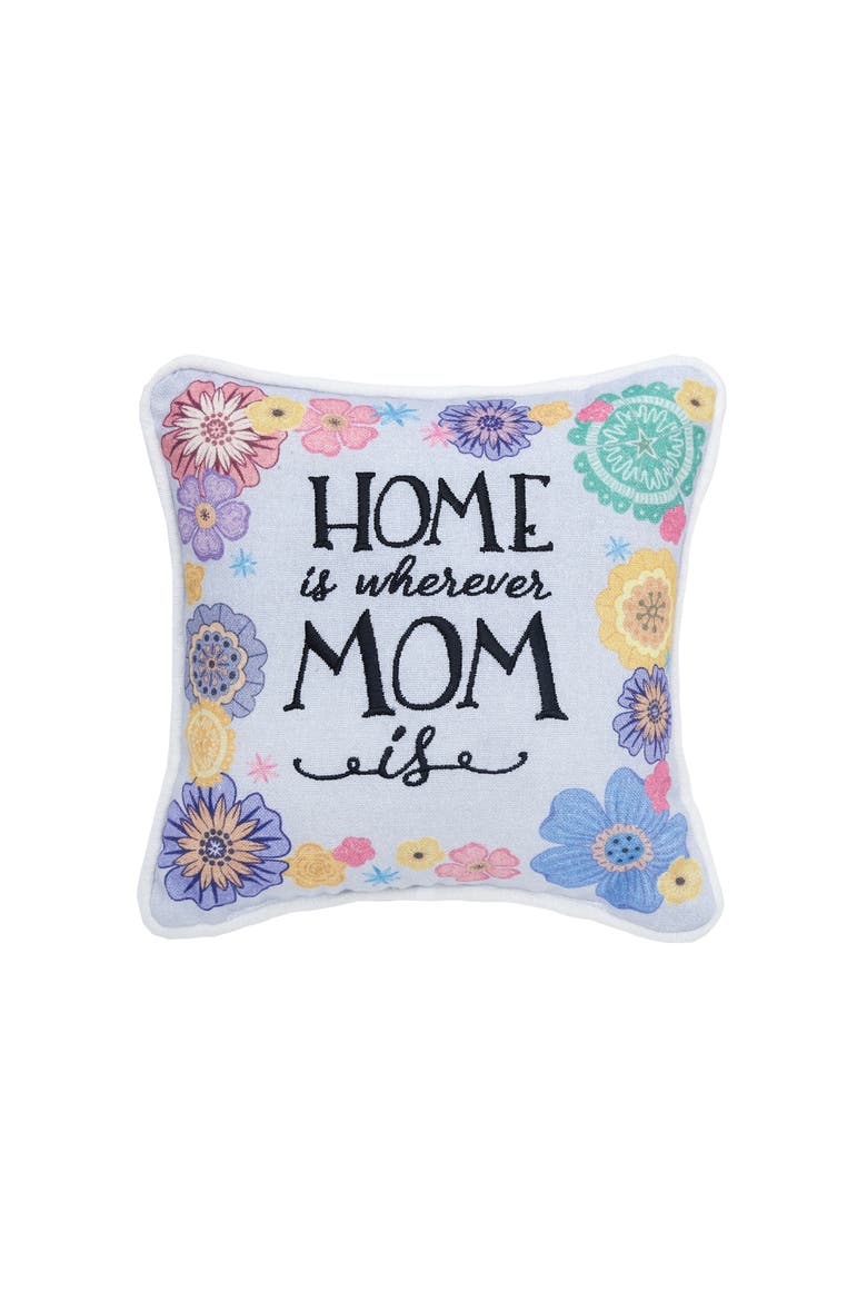 Home Is Wherever Mom Is Printed and Embroidered Small Petite Size Accent Throw Pillow, 8" x 8", Main, color, Purple
