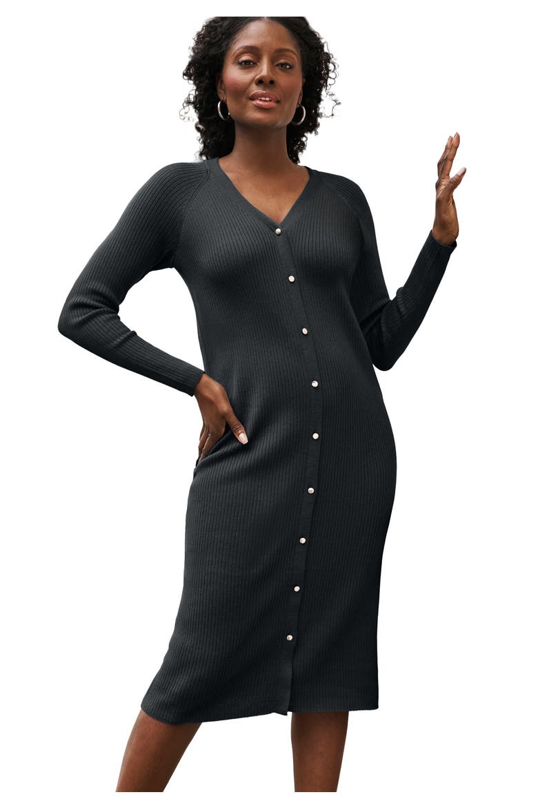 Button Front Midi Dress, Main, color, BLACK