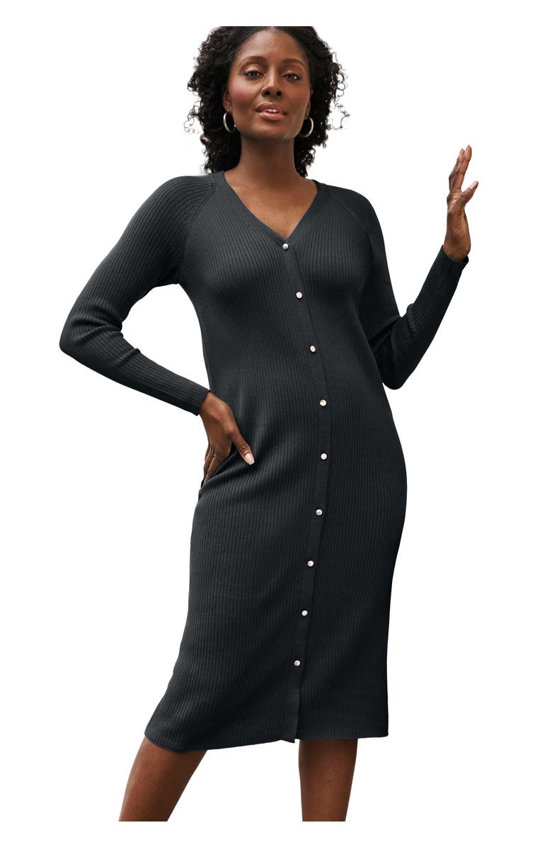 Jessica London Button Front Midi Dress, Main, color, Black