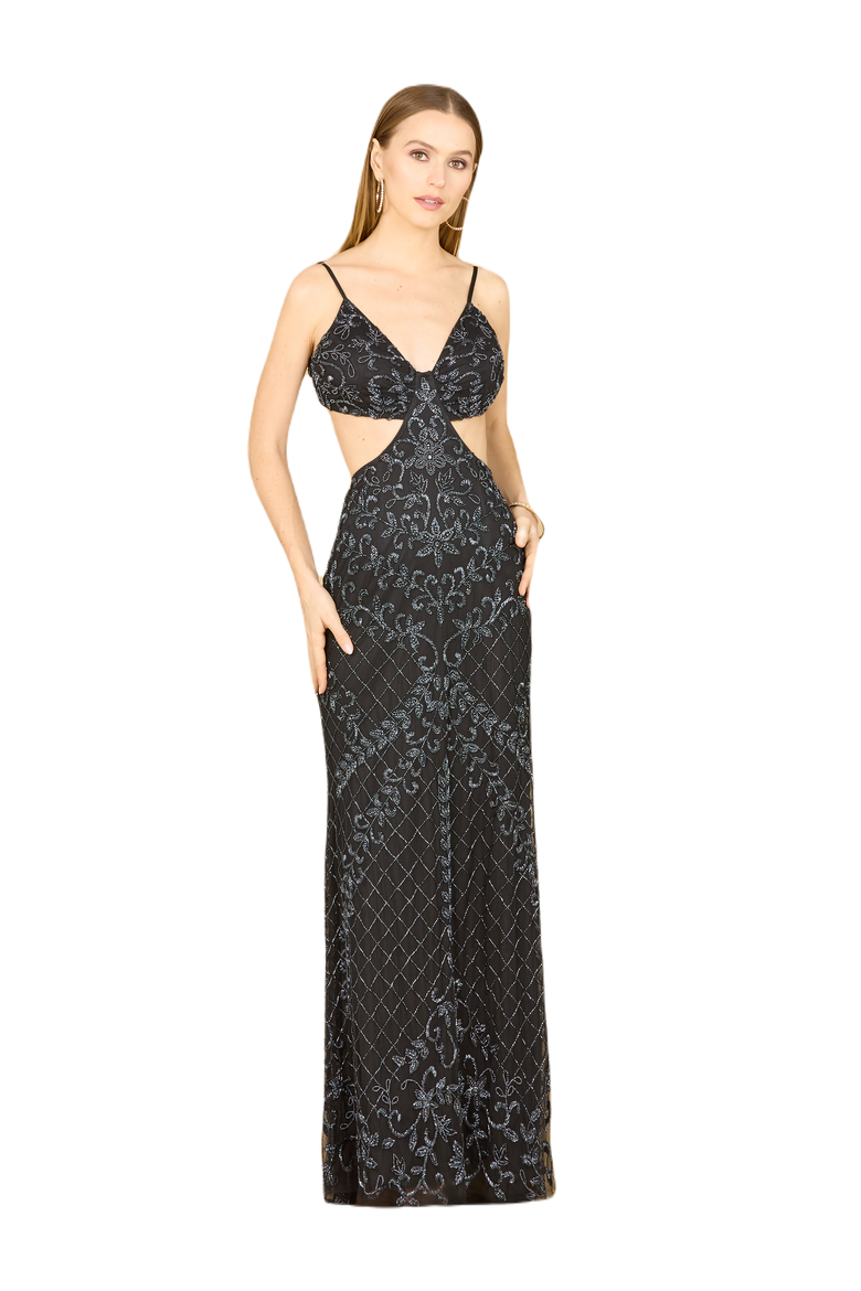 Countess Beaded Gown, Main, color, BlackGunmetal