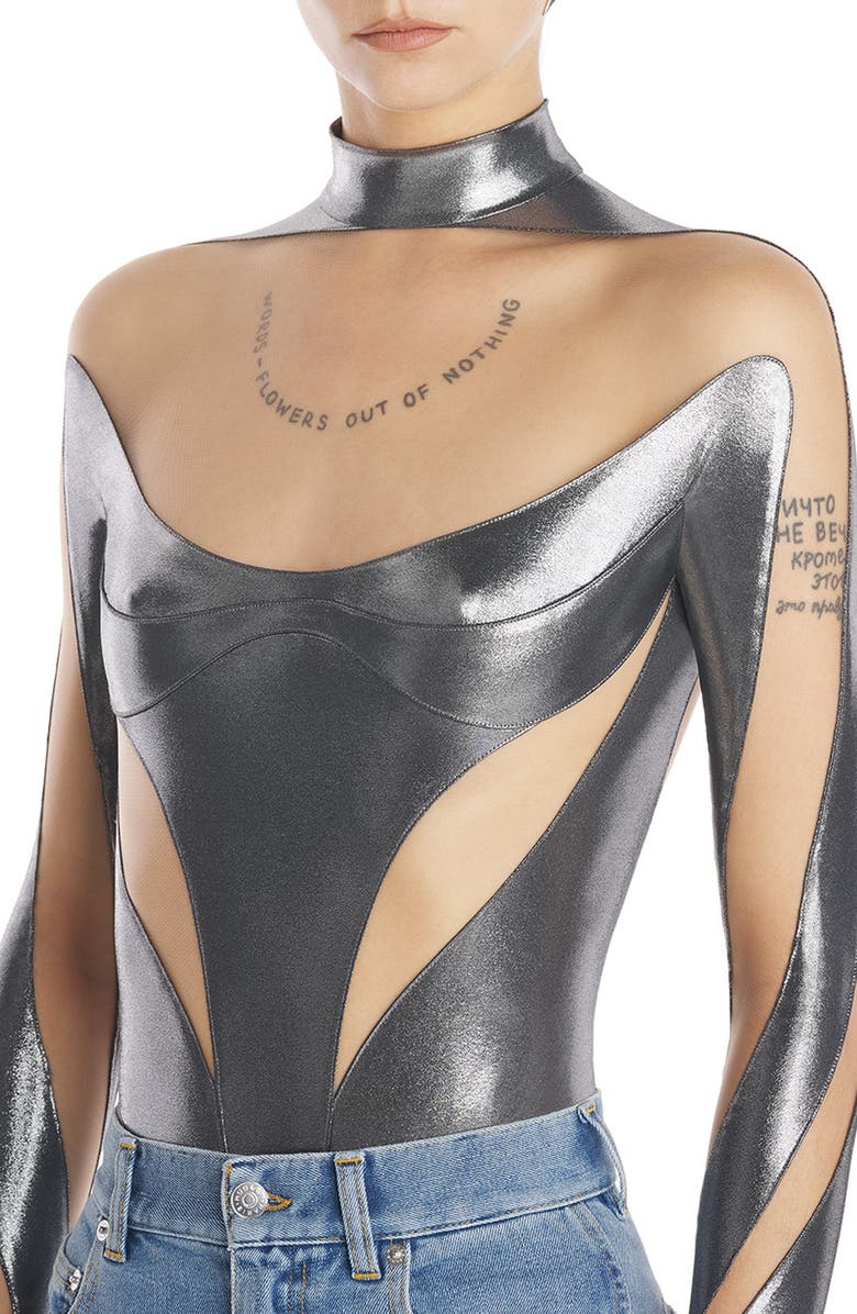 MUGLER Dua Lipa Metallic Illusion Bodysuit, Alternate, color,