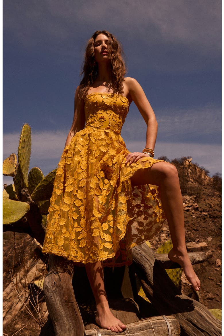Florence Sequin Floral Strapless Midi Dress, Alternate, color, MARIGOLD