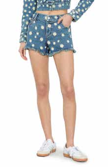 Alice + Olivia Warren Embroidered Floral Raw Hem Denim Shorts