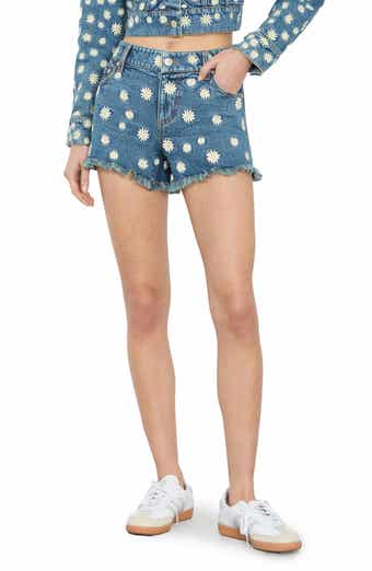 Alice + Olivia Warren Embroidered Floral Raw Hem Denim Shorts