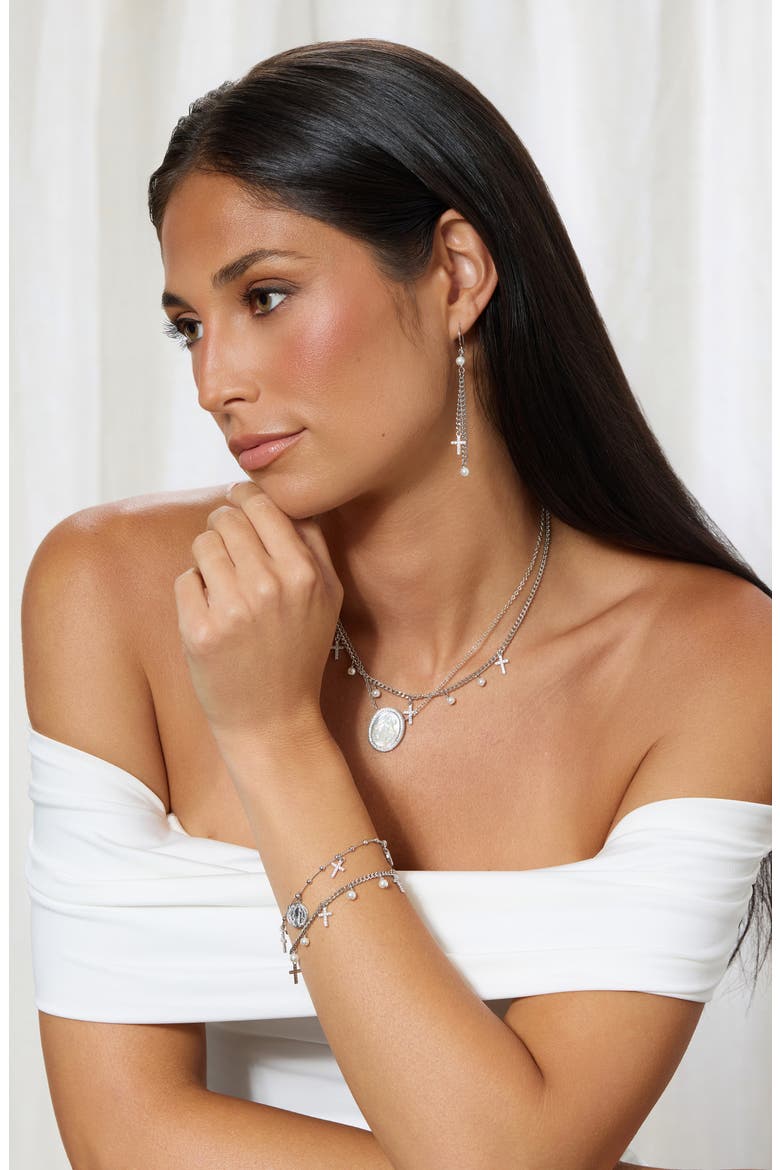 Medallion & Pavé Cubic Zirconia Cross Charm Bracelet, Alternate, color, SILVER