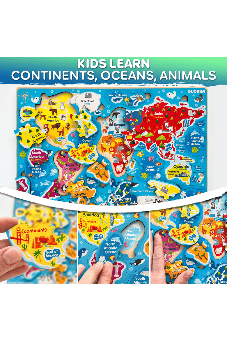 Kids Educational Map Puzzle Set - USA, World Map & Solar System Themes, Alternate, color, Wooden Map Set
