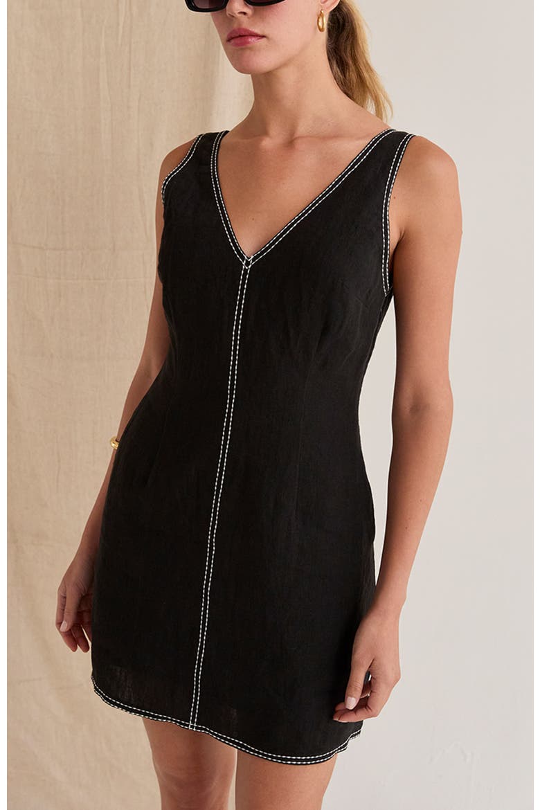 Contrast Stitch V-Neck Linen Mini Dress, Alternate, color, Black