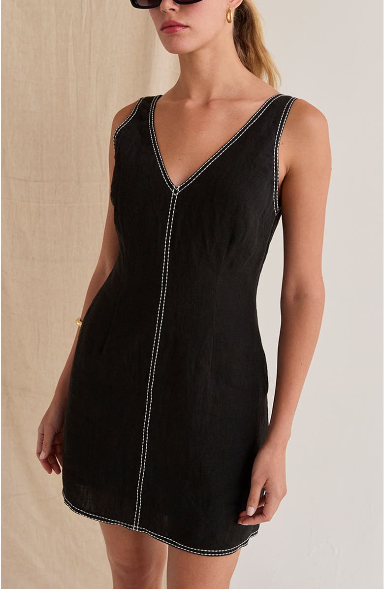 CRESCENT Contrast Stitch V-Neck Linen Mini Dress, Alternate, color, Black
