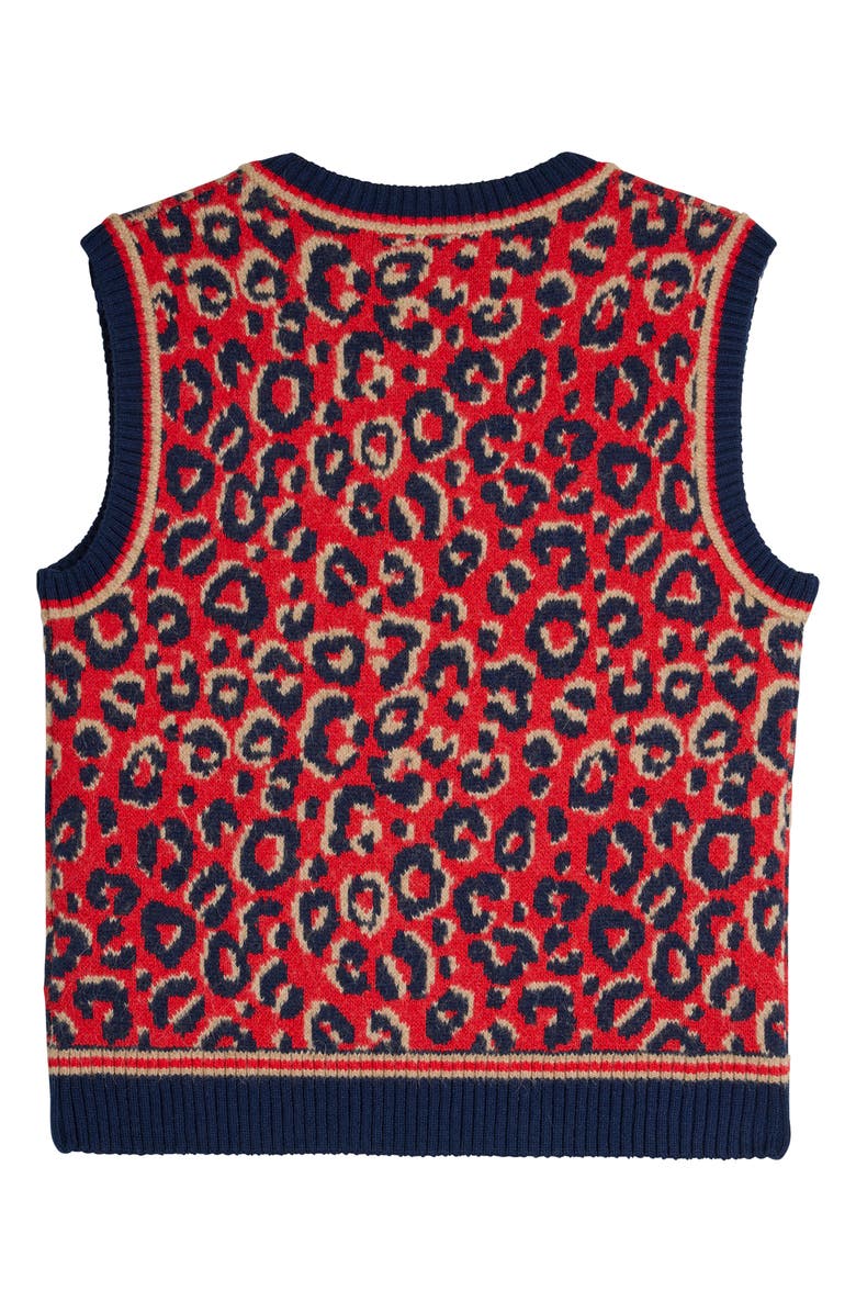 adidas x Wales Bonner Leopard Pattern V-Neck Sweater Vest, Alternate, color, Navy/ Magic Beige/ Scarlet