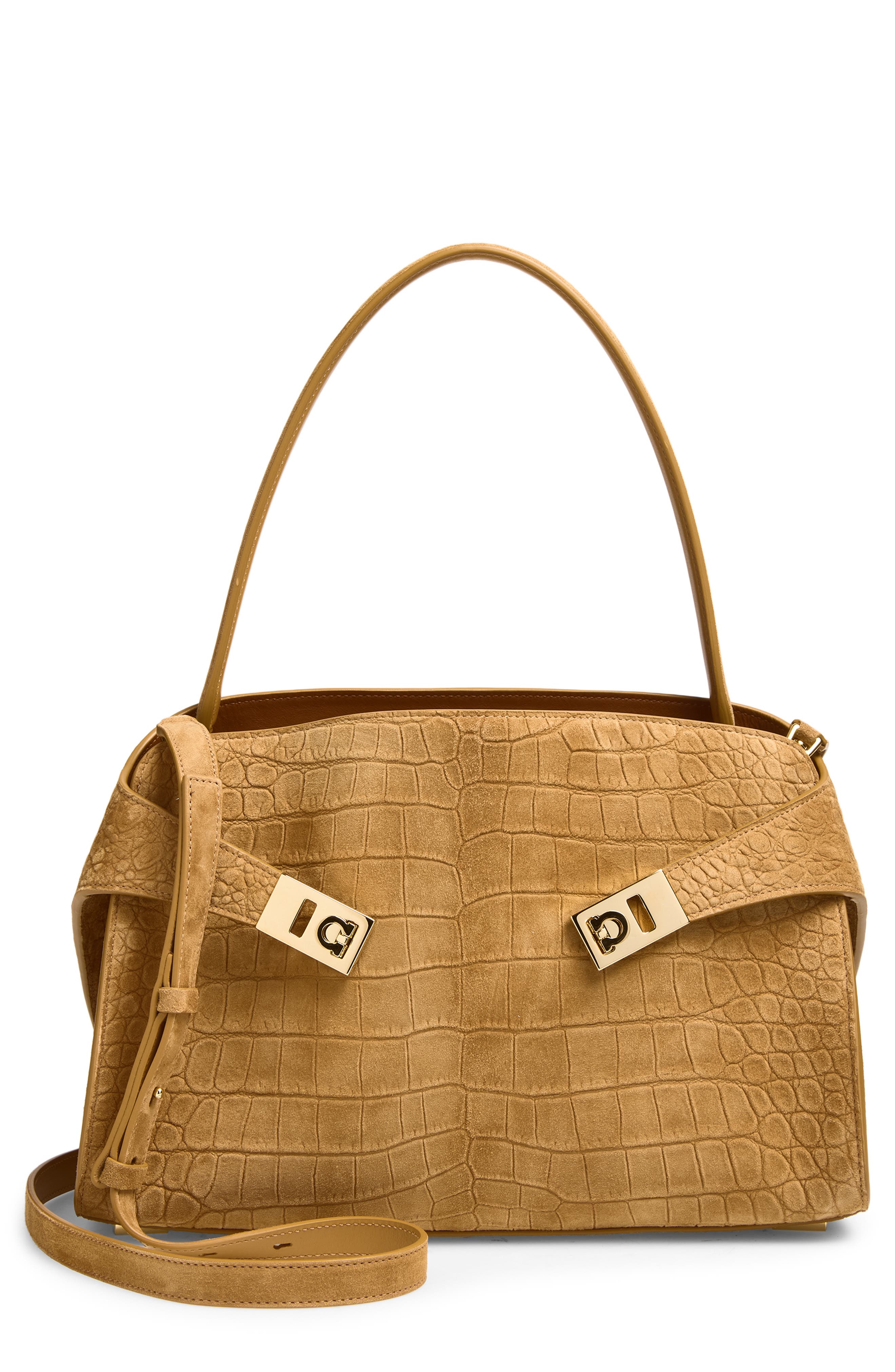 FERRAGAMO Hug Croc Embossed Suede Handbag, Main, color, Naturale
