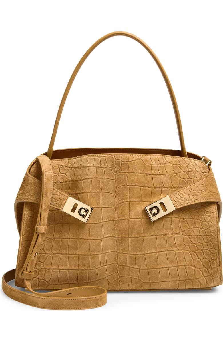 FERRAGAMO Hug Croc Embossed Suede Handbag, Main, color, Naturale