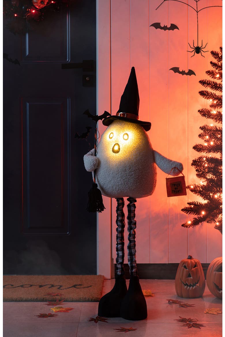Lighted Halloween Fabric Standing Ghost With Telescoping Legs and Timer, Alternate, color, White