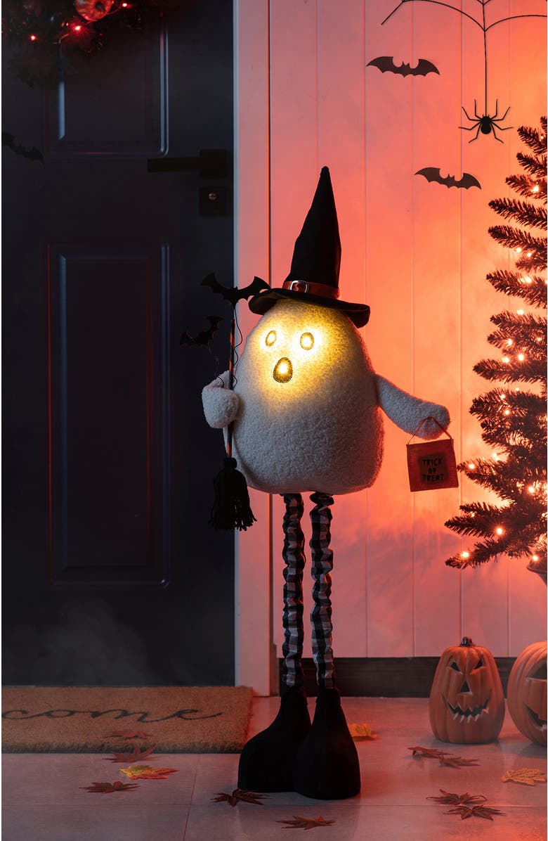 Glitzhome Lighted Halloween Fabric Standing Ghost With Telescoping Legs and Timer, Alternate, color, White