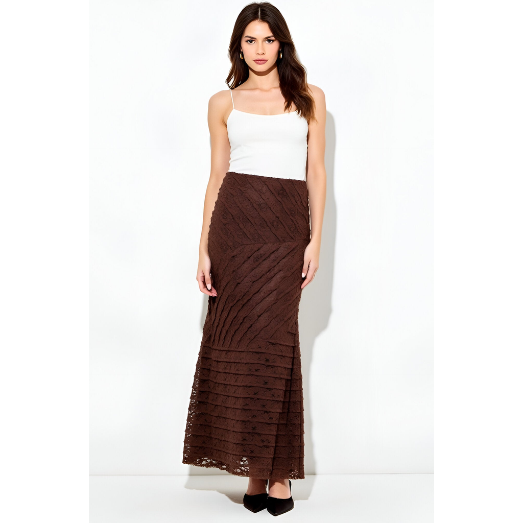 Modenaire Lace Maxi Skirt With Diagonal Panel Detailing And Flared Hem In Brown