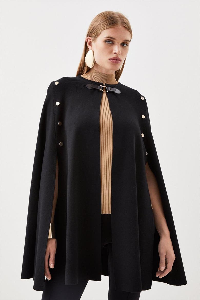 Popper Detail Knit Cape Coat, Main, color, Black