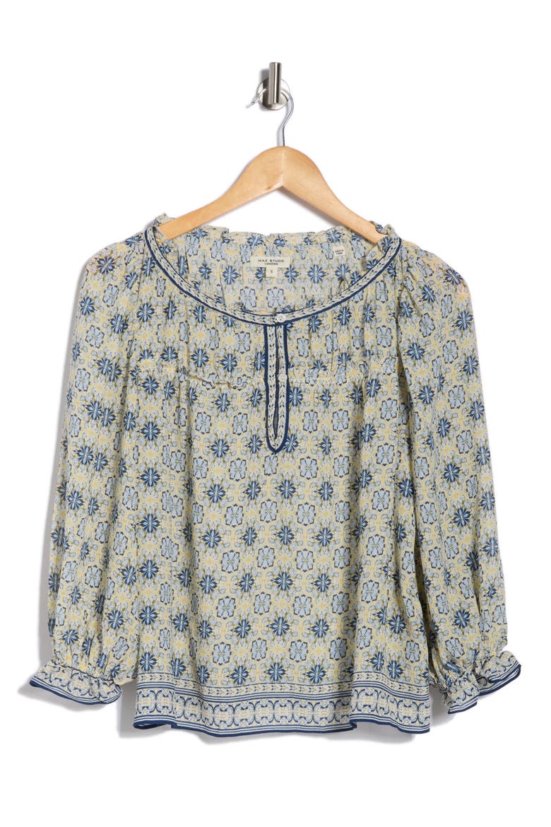 Floral Three-Quarter Bubble Sleeve Top, Alternate, color, CREAM/ TEAL FLORAL MIRAGE